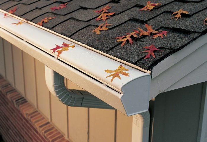 A residential gutter with autumn leaves nearby